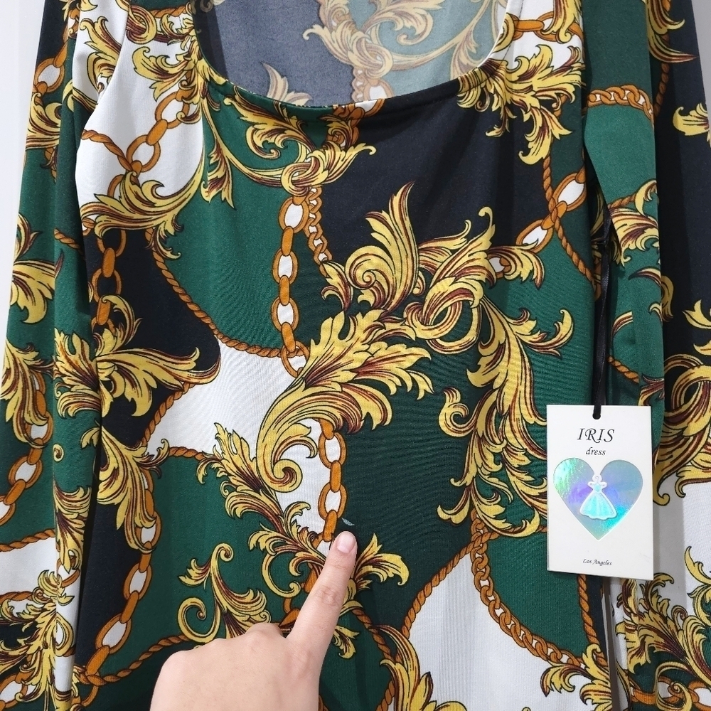 ✨️4/$20 IRIS Long Sleeve Square Neck Bodycon Mini Dress in Green, Gold Filagree - Picture 10 of 15